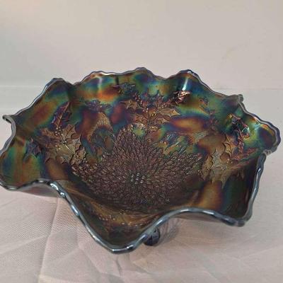 Vintage Fenton Carnival Stag and Holly Deep Footed Bowl - Blue