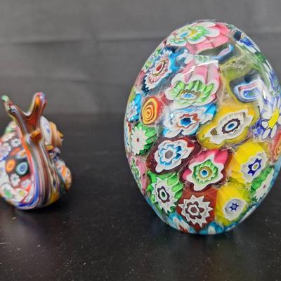 2- Vintage Morono Egg Paper Weight - Verano Art Glass Millefiori Snail