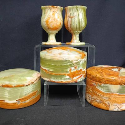 Set of Carved Onyx Trinket Boxes & Goblets
