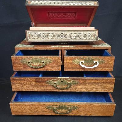 Vintage Wooden Jewelry Boxes with Inlay & Brass Hardware (2pcs)