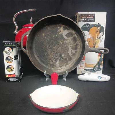 Mixed Kitchenware Lot – Lodge Cast Iron, Mario Batali by Dansk, Tea Kettle, Utensil Set & More
