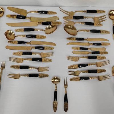 Vintage Samram Thailand Bronze & Teak Buddha Flatware Set For 12