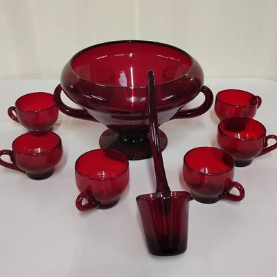Vintage Ruby Red Punch Bowl Service 14 Piece Set 