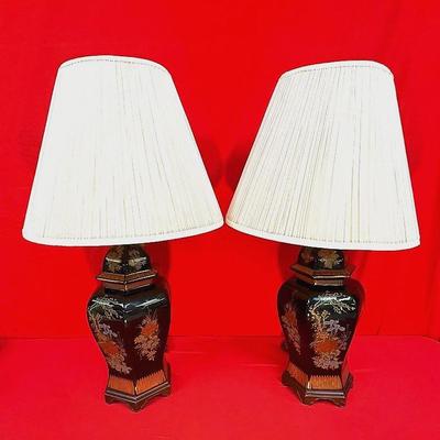 Pair of Vintage Asian-Inspired Table Lamps with Floral Motif