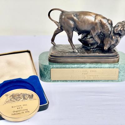 “Bull And Bear” Bronzed Statue Replica And Revlon Inc. Commemorative Medallion