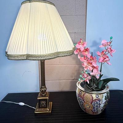Vintage Brass Table Lamp with Pleated Shade & Decorative Asian-Style Planter