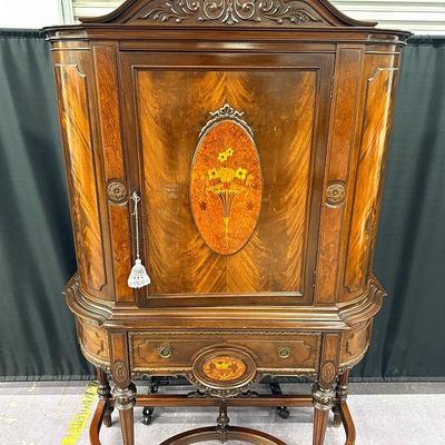 Antique Mahogany Display Cabinet with Floral Marquetry & Carved Crest