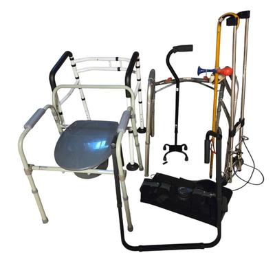 Lot #243 - Medical Walkers, Portable Commode, Orthopedic Adjustable Brace, Stand Assist Mobility Standing Aid Rail & More