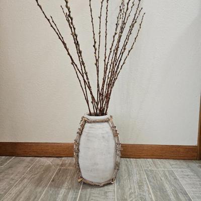 Lot #191 - Decorative Terracotta Vase With Branch and Wicker Caging and Dried Stems