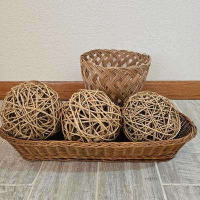 Lot #225 - Natural Wicker Decorative Balls with Woven Rectangular Rattan Basket & Small Reed Planter Basket