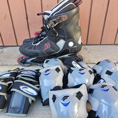 Lot #301 - K2 Escape Rollerblades Size 11, 4 Sets of Knee Pads and Two Sets of Wrist Guards. 