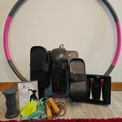 Lot #184 - Fitness Bundle: Gaiam Foot Massage Roller, Pilates DVD, Jump Rope, Fancy Dumbbells & Under Desk Mini Elliptical