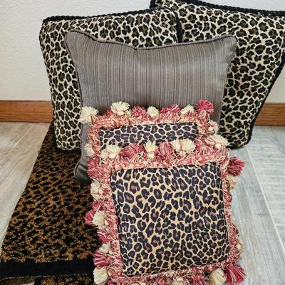 Lot #190 - Leopard Print Decorative Pillows and Throw Blanket with Textured Brown Accent Pillow