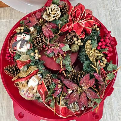 Lot #226 - Festive Christmas Wreath With Plastic Storage Tote