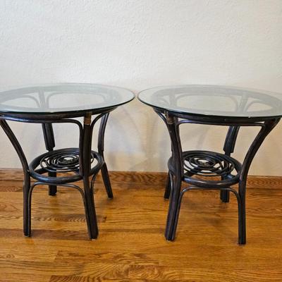 Lot #138 - Rattan Wicker Round Side Tables with Glass Tops