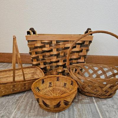 Lot #223 - Handwoven Wooden and Wicker Baskets Set Rustic Decorative Storage