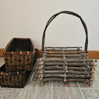 Lot #222 - Rustic Handmade Wooden Twig Caddy Basket with Carrying Handle, Plus Two Rectangular Wicker Baskets