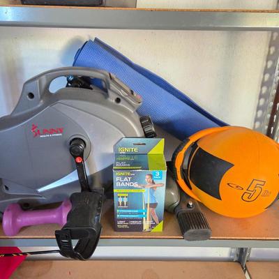 Lot #306 - Sunny Health & Fitness Smart Mini Under Desk Exercise Bike, Crossfit Ball, Resistance Bands, Yoga Mat, Hand Weight