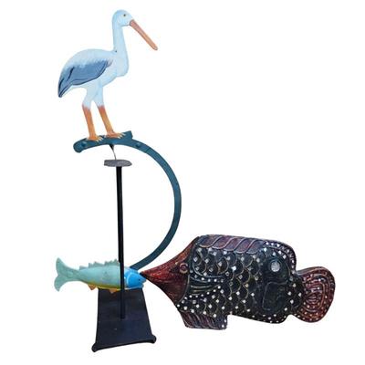 Lot #130 - Stork & Fish Balance Figure, Plus Indian Carved Wood Fish