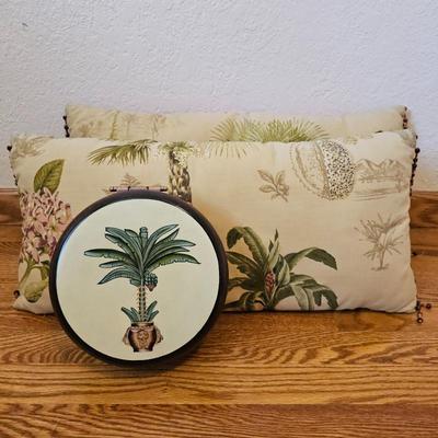 Lot #143 - Double Sided Tropical Print Lumbar Pillows With Wooden Palm Tree Decorative Box
