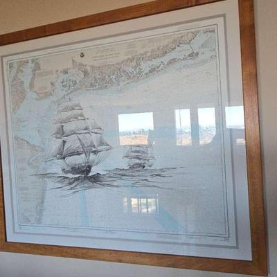 Pr182v nautical art ink drawing on nautical chart by lawrence packard