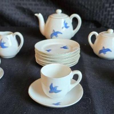 Pr118v nippon bluebird miniature tea set hand painted antique)