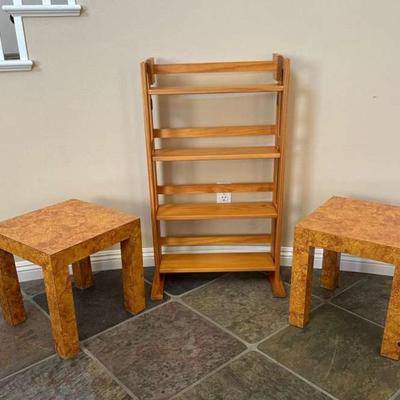 Pr222 two retro side tables a small bookshelf