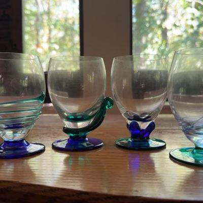 Hand Blown Art Glass Wine Glasses Set From Czech Republic 
