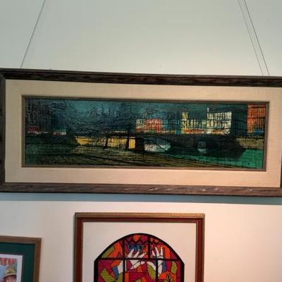 Original Vintage Cityscape Painting in Ornate Frame (18” x 44”)