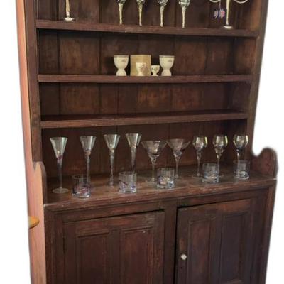 Early 19th Century Solid Pine Antique Hutch Cabinet  (49” x 19” x 74”)