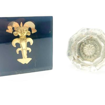 Sale Photo Thumbnail #77: Reproduction Prehispanic Gold Figure Paperweight & Vintage Glass Door Knob