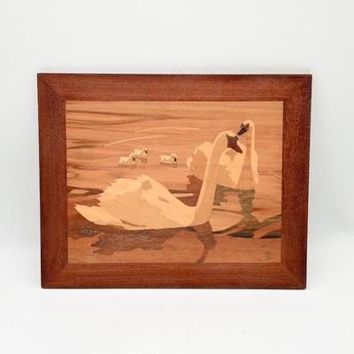 Sale Photo Thumbnail #54: Handcrafted Wood Marquetry Art Swans on Water