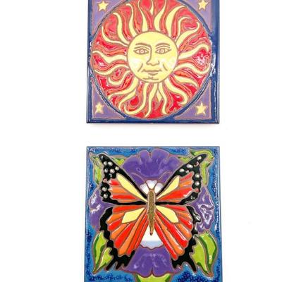 Sale Photo Thumbnail #163: Two (2) Pacific Blue Tile – Sun & Monarch Butterfly