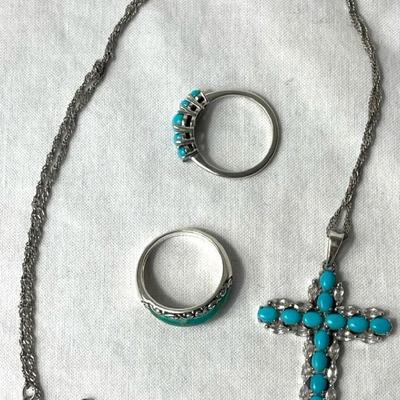 Sterling Silver Cross Necklace & Turquoise Rings