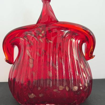 Red & Gold Flecks Hand Blown Art Glass Purse Vase 