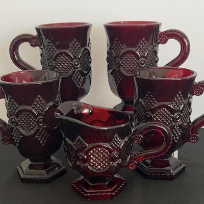 Avon 1876 Cape Cod Ruby Red Glass Mugs & Creamer Pitcher