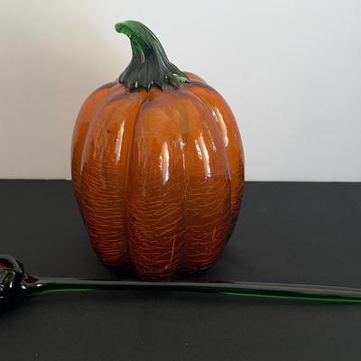 Hand Blown Crackle Art Glass Orange Pumpkin & Rose