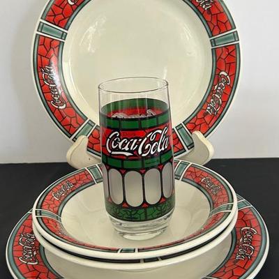 Coca Cola Dinner Plates & Bowls by Gibson 1996 Red Stained Glass Pattern