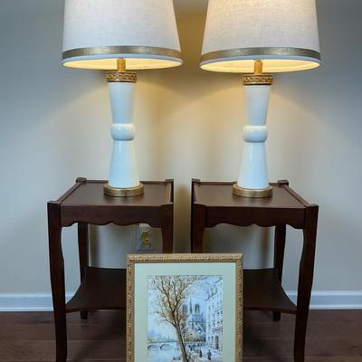 Pair of Mid-Century Style Table Lamps with End Tables and Framed Art