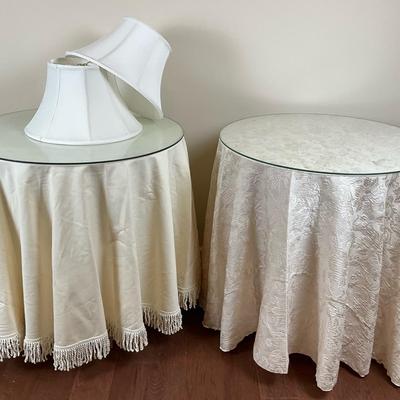 Pair of Round Skirted Accent Tables with Glass Tops and Lamp Shades