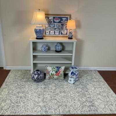 Home Decor Collection with Rug, Lamps, and Blue & White Accents