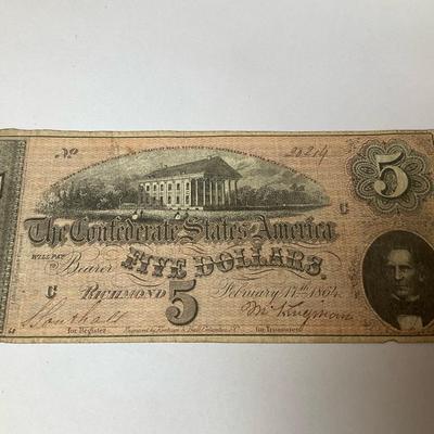 The Confederate States Of America $5 Bill Year 1864
