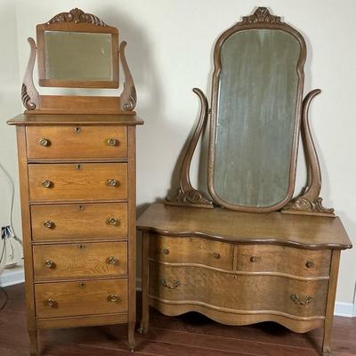 Antique Wooden Dressers with Mirrors – Set of Two