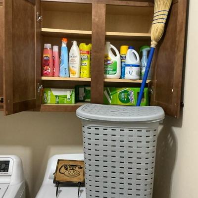 Laundry and Cleaning Supply Lot with Hamper