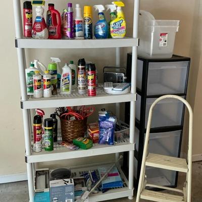 Garage Storage Shelf with Cleaning Supplies and Step Stool