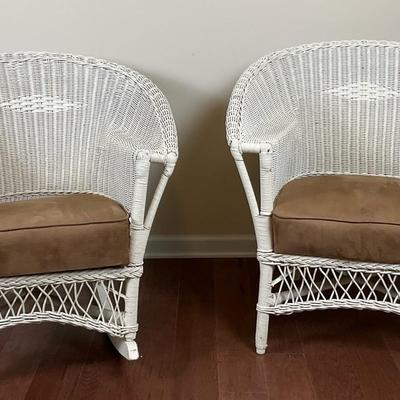 Pair of White Wicker Armchair & Rocker with Cushions