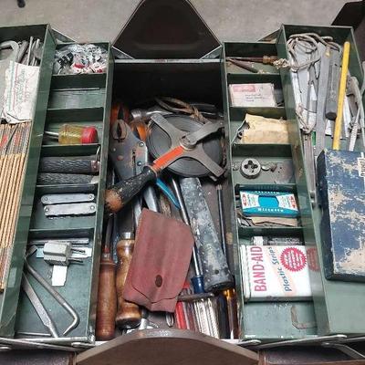 VINTAGE METAL TOOL BOX AND TOOLS