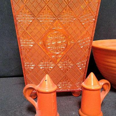 ORANGE CERAMIC BOWLS, SALT & PEPPER SHAKERS, CUPS, AND A VINTAGE GREEN THERMOS