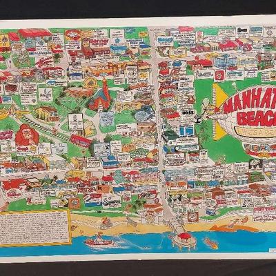 COLORFUL MID-CENTURY CARTOON POSTER OF MANHATTAN BEACH