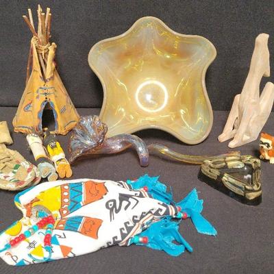 ECLECTIC HOME DECOR INCLUDING HAND BLOWN GLASS, VINTAGE FIGURINES, AND NATIVE AMERICAN ITEMS